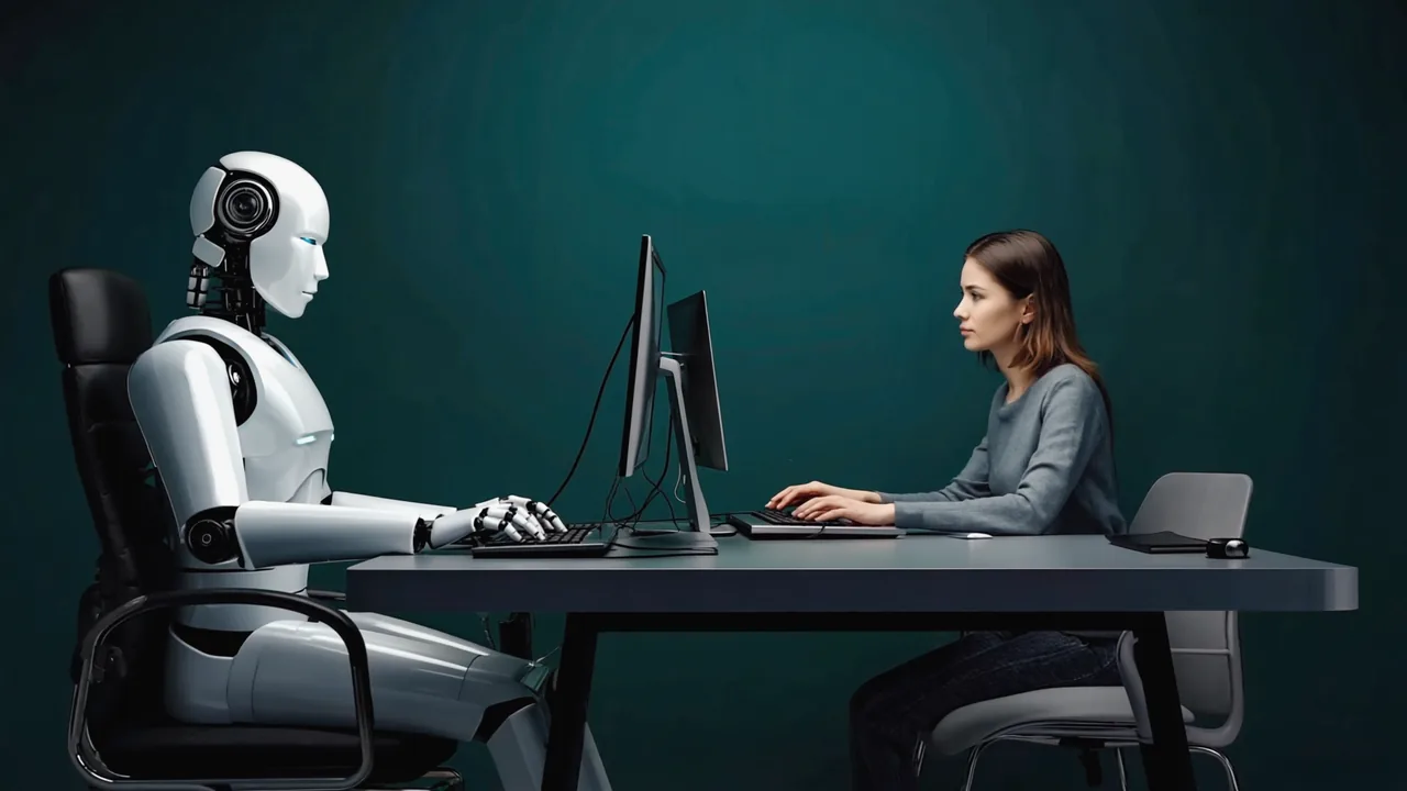 A human agent and an AI agent working side by side at the same desk.